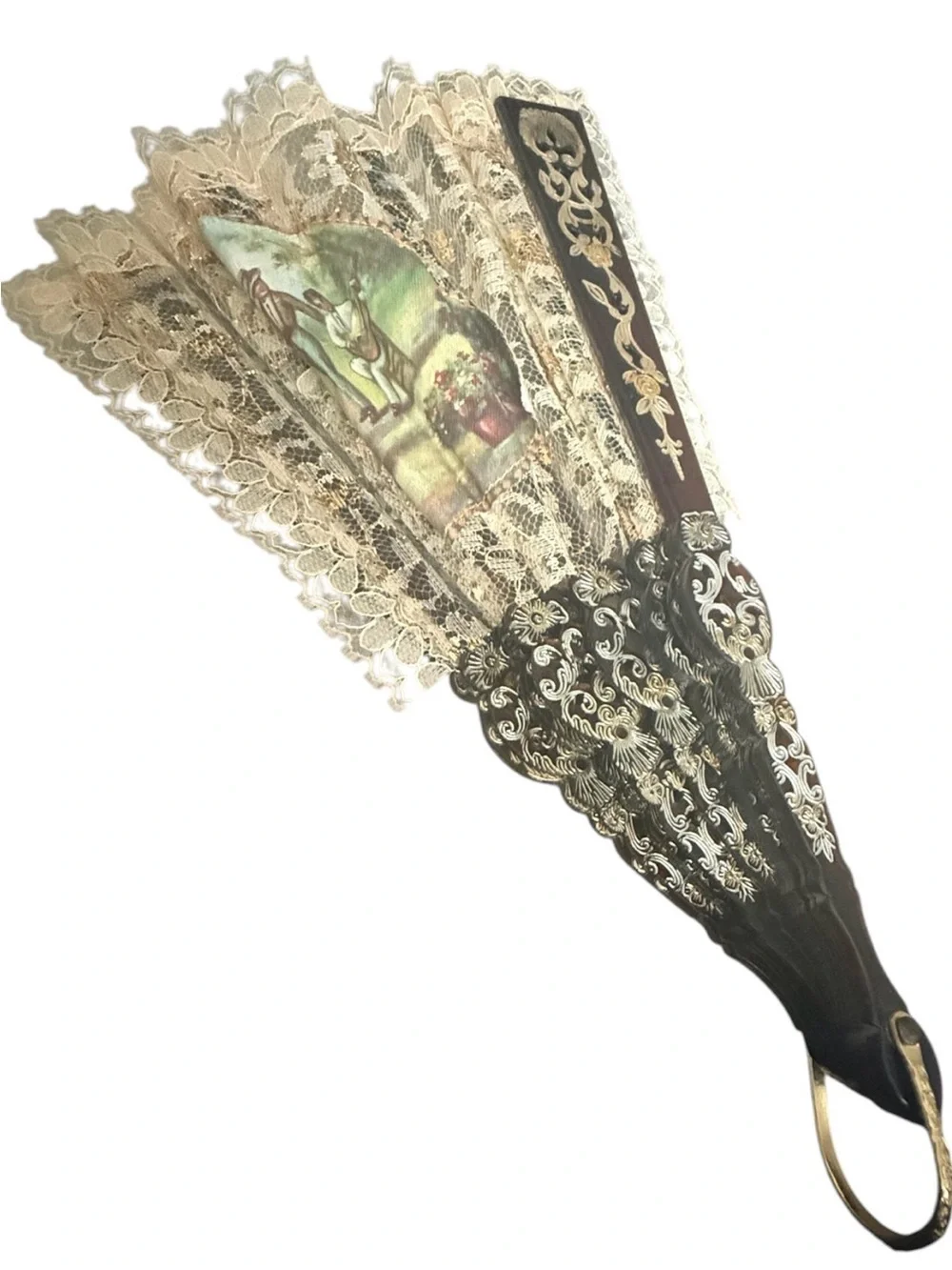 VTG Lace Decorative Hand Fan in Brown and Gold handcrafted in Spain “Flamenco”